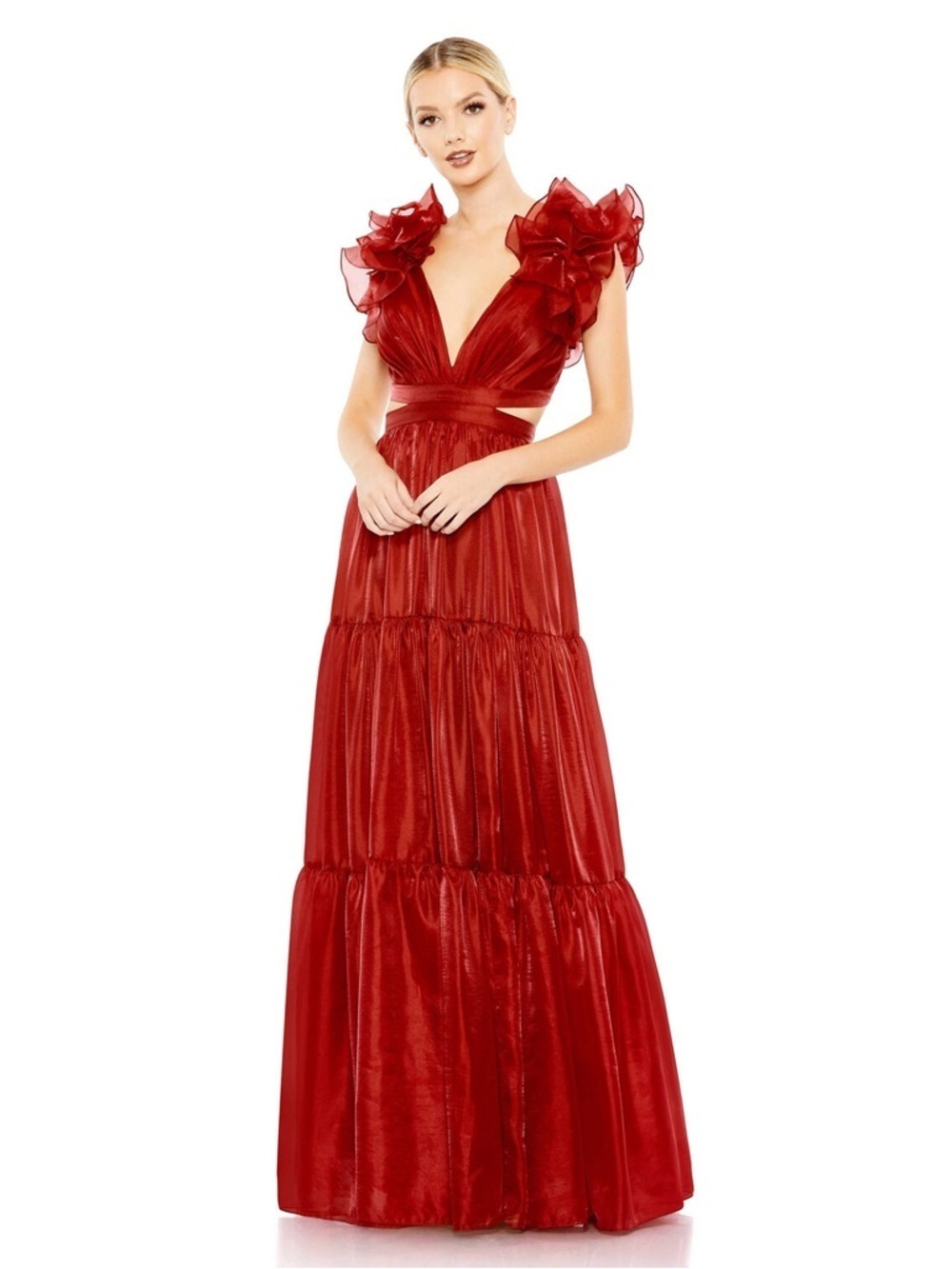 Mac Duggal 49528 Red Ruffled Shoulder Cut Out Soft Tie Back Tiered Gown Sz 6 NWT